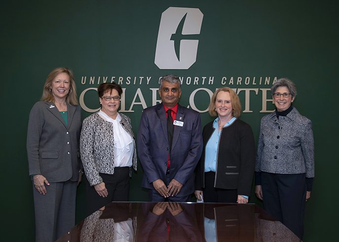 UNC Charlotte Chancellor Sharon Gaber; Professor Sharon Lassar (accounting chair), Daniels College of Business at the University of Denver; Balaji Rajagopalan (peer review team chair), dean of the College of Business at Northern Illinois University; Belk College Dean Jennifer Troyer; and Charlotte Provost Joan Lorden.