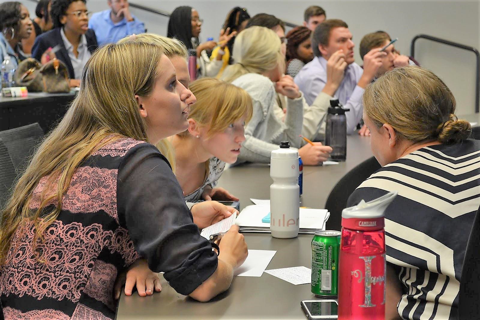 M.S. in Management students collaborate during a group exam