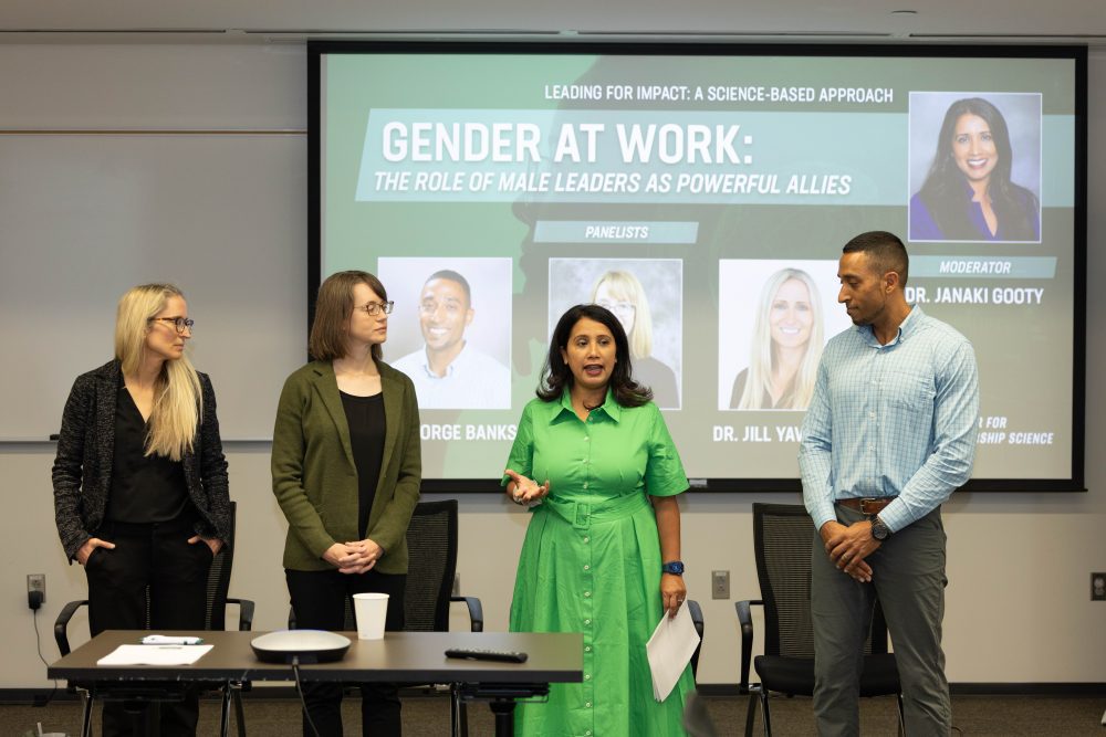 Jill Yavorsky, Alyssa McGonigle, George Banks and Janaki Gooty present for the Center for Leadership Science; faculty research at the Belk College of Business