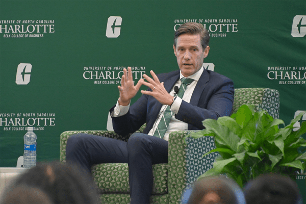 Bill Christensen, CEO of JELD-WEN, speaks to UNC Charlotte students