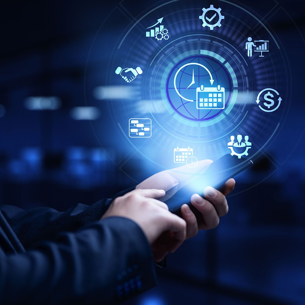 Undergraduate programs in finance, risk management and insurance concentration. Person holding a tablet device, which is projecting a circular visual representation of the different aspects of risk management and insurance.