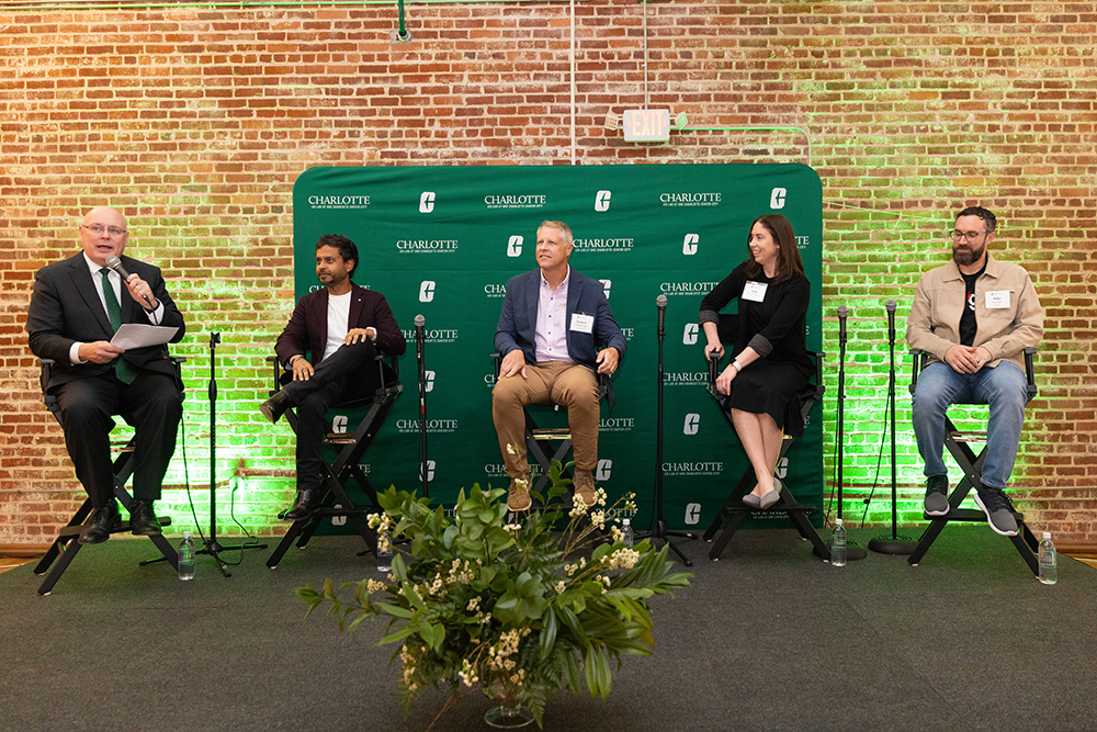 Dean Richard Buttimer moderated the entrepreneurship panel, which included: Abhishek Mehta, Founder, Chairman and CEO, Tresata; Rob Cummings, former software entrepreneur and private equity professional, and Belk College adjunct faculty member;Kate Frear ’12 M.A., ’14 Ph.D., Co-Founder and CEO, Joyntly;Mike Barugel, Program Manager, gBeta Charlotte Accelerator program with Gener8tor
