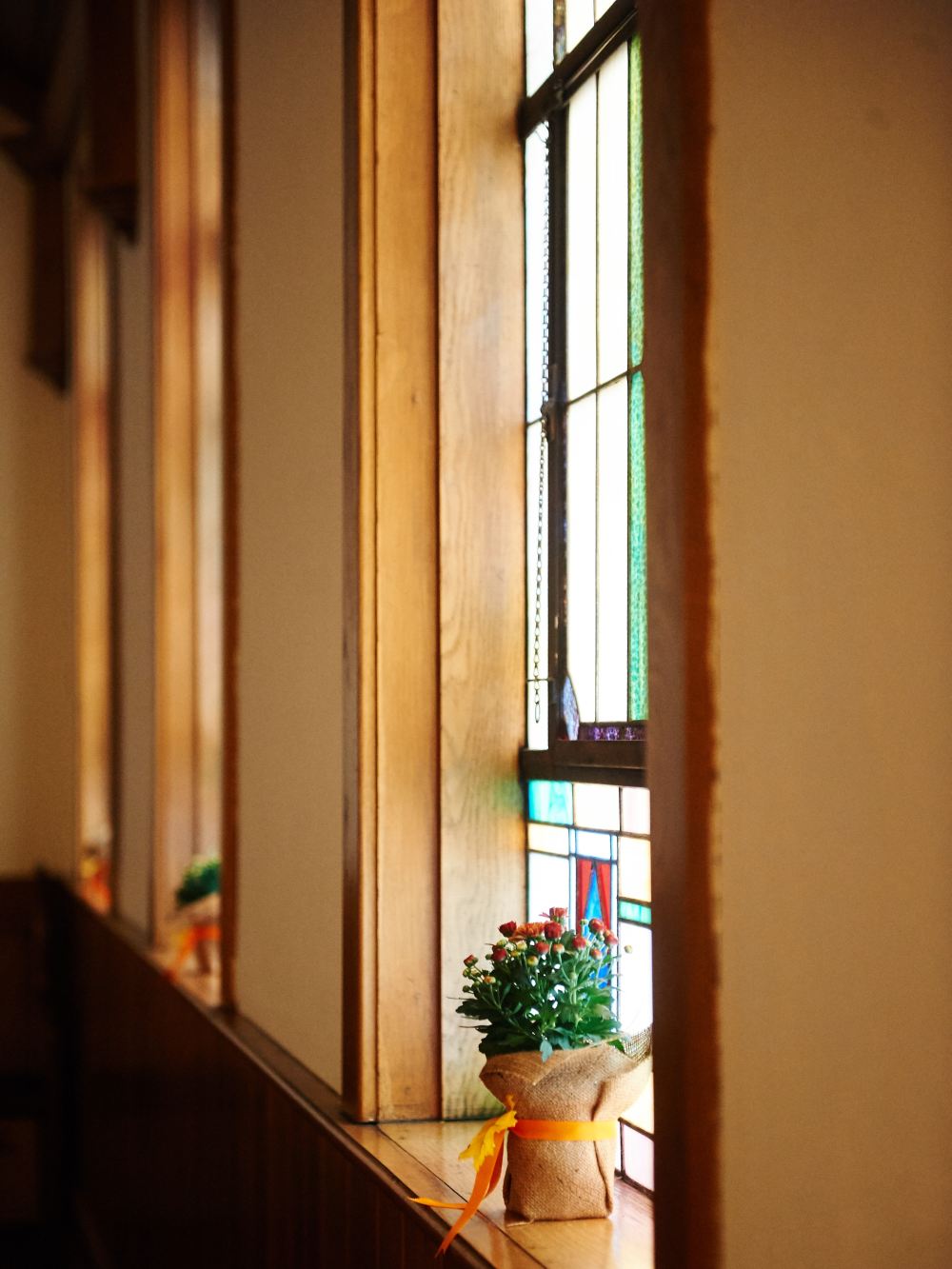 Stained glass windows at Marshall Presbyterian Church before Hurricane Helene