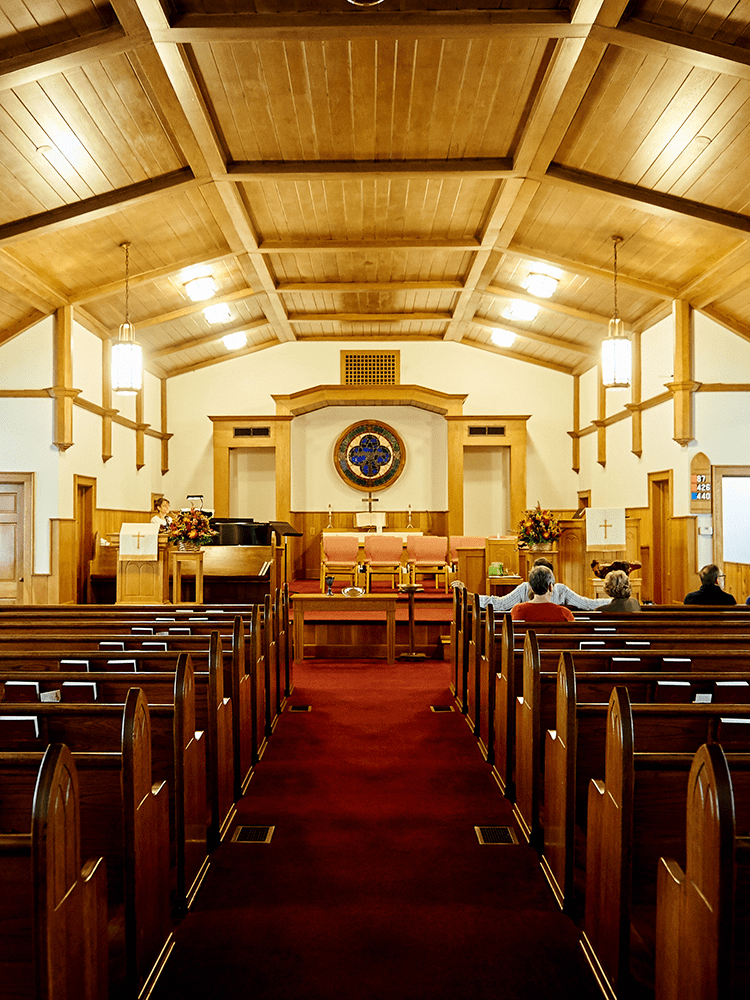 Marshall Presbyterian Church's sanctuary with wooden curves that resemble an ark.